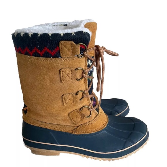 KHOMBU KRISTIE Brown Suede Sherpa Lined Nordic Knit Snow Duck Boots Size 8 - Picture 5 of 13